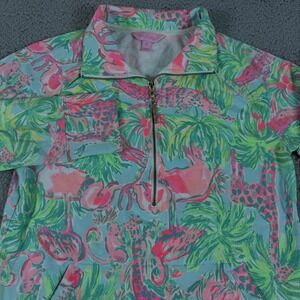 Lilly Pulitzer UPF 50+ Skipper Popover Womens XS Green Pink 1/2 Zip Flamingo